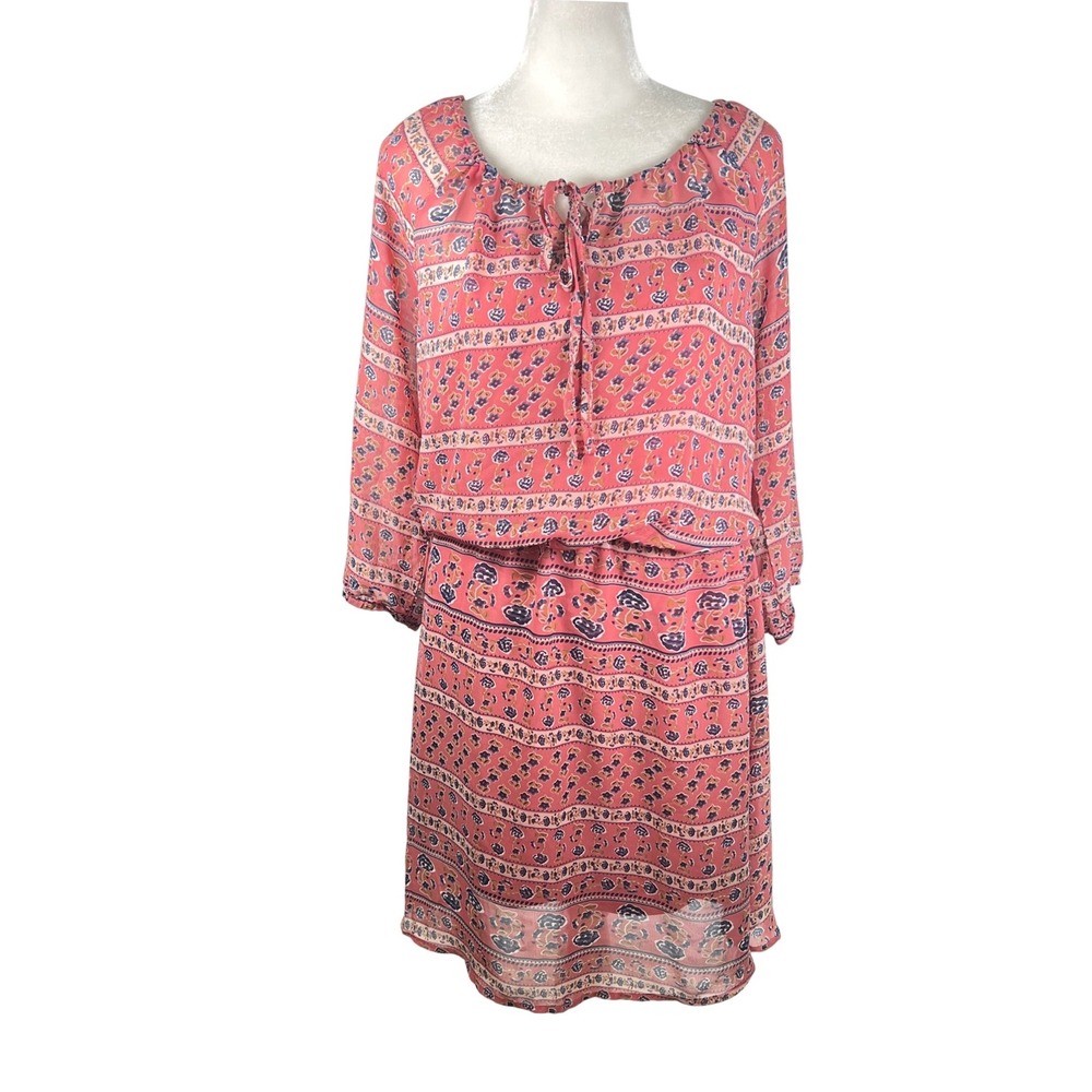 Massini Rose Pink Western Floral Paisley Chiffon Style Dress Large 3/4 Sleeve